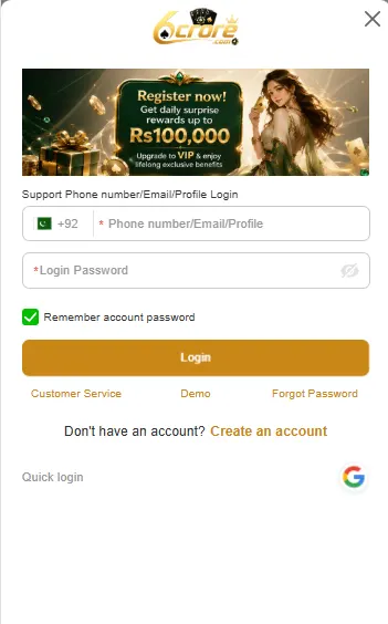 6CRORE Game login page