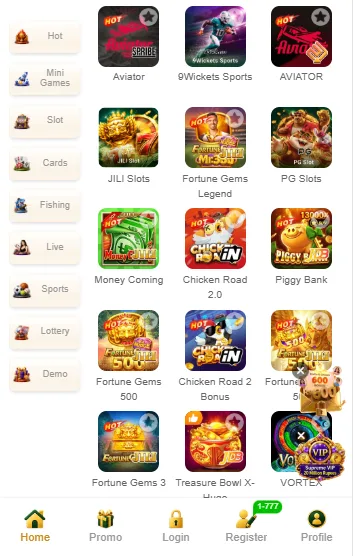 6CRORE Game lobby showing available games